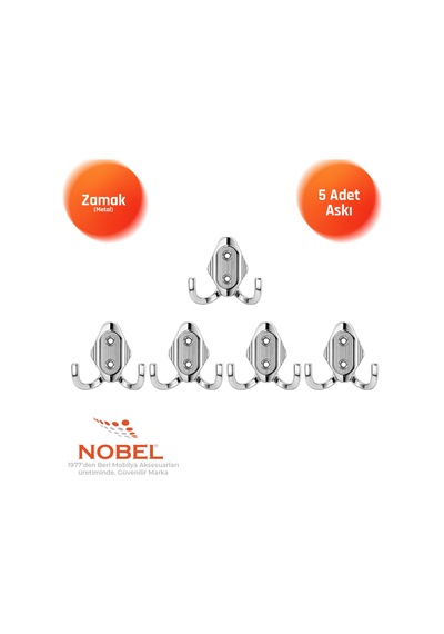 Has Askı, Metal Vestiyer Askısı, Krom, Duvar Ve Dolap Askılığı 5'li Set Vidalı
