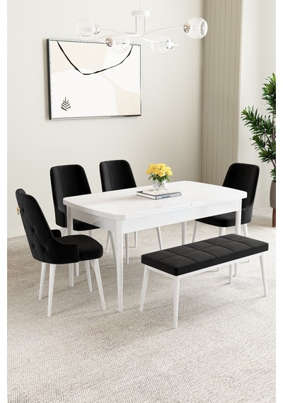 Clara Beyaz 80x132 Açılabilir Mdf Masa Yemek Odası Takımı,mutfak Takımı 4 Sandalye 1 Bench Siyah Clara Beyaz 80x132 Açılabilir Mdf Masa Yemek Odası Takımı,mutfak Takımı 4 Sandalye 1 Bench Siyah
