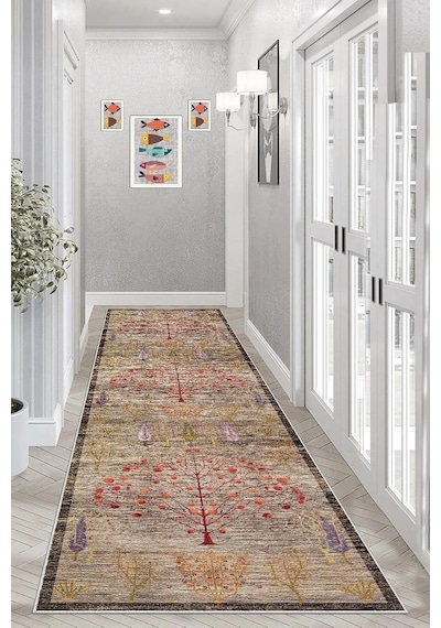 Pelangi Ağaç Desenli Dijital Baskı Yıkanabilir Kaymaz Taban Etnik Kilim Desen Salon Halısı Ve Yolluk, Kahverengi 8 Diğer