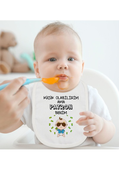 BK Kids Patron Benim Tasarımlı Beyaz Bebek Mama Önlüğü-1 Beyaz