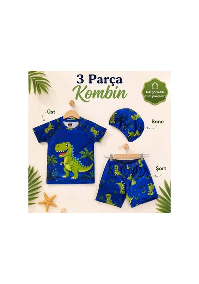 Rony Pony Kids Erkek Çocuk Dinozor Desenli Mayo Takımı 3 Parça Uv Korumalı Tişört Şort Bone Mavi Yeşil Rony Pony Kids Erkek Çocuk Dinozor Desenli Mayo Takımı 3 Parça Uv Korumalı Tişört Şort Bone Mavi Yeşil