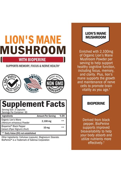 Bioschwartz Organic Lions Mane Mushrooms With Bioperine Nootropic Brain Memory Focus 90 Caps Aromasız