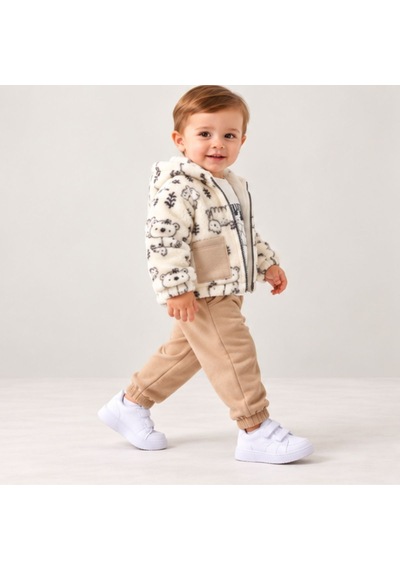Maxx Kelın Erkek Bebek Welsoft Peluş Ceketli 3'lü Takım Ekru Mavi Hayvan Desenli 2-3-4 Yaş