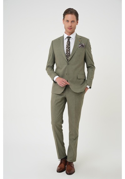Efor Slim Fit Çift Yırtmaç Keten Karışımlı Yelekli Klasik Haki Takım Elbise Tk 914 Haki