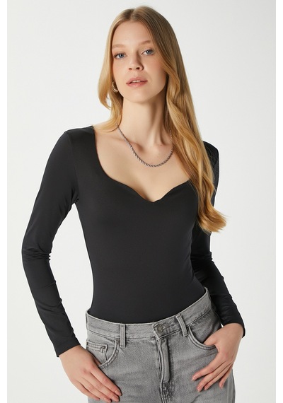 Ritnice Kadın Rich Kalp Yaka Polyamid Siyah Çıtçıtlı Body / Bluz Siyah