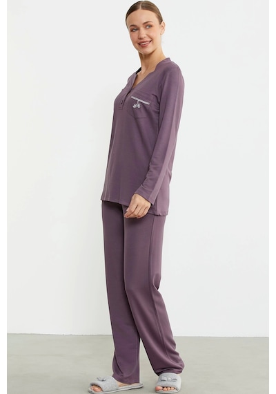 Feminight Sementa 76438 Yarım Düğmeli Cep Detaylı Pijama Takım Mor