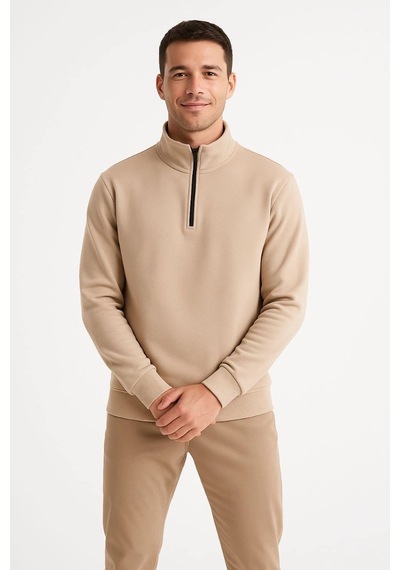 Barlashive Erkek Dik Yaka Sweatshirt Dik Yaka Yarım Fermuarlı 3 İplik Pamuk Kumaş - Bej Çok Renkli