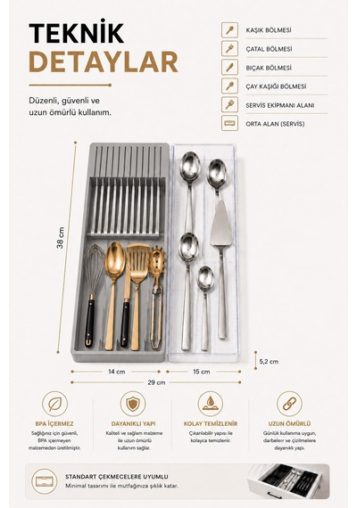 Çekmece İçi Bıçaklık Organizer Bölmeli Mutfak Düzenleyici Gri S-11029