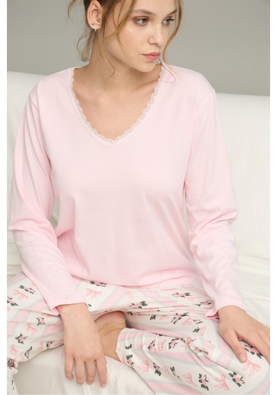Siyah İnci Örme Pamuklu Pijama Takım25240259 Pembe
