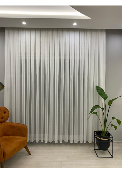 4003 Ağır Gramajlı Balık Sırtı Desenli Modern Ekru Tül Perde 1/2,5 Orta Normal Pileli Ekru