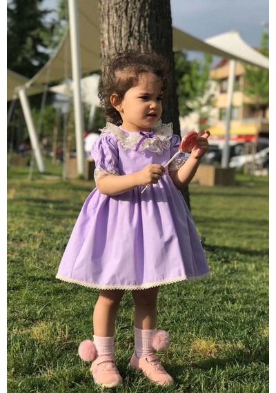Dantel Yaka Kurdele Detaylı Özel Tasarım Lila Kız Çocuk Bebek Elbise 001