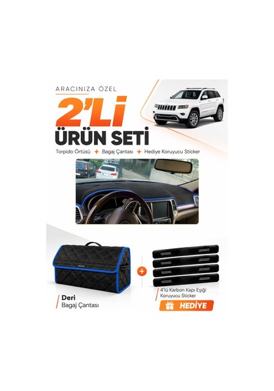E-biz Jeep Grand Cherokee 2014-2020 Uyumlu Torpido Örtüsü + Deri Çanta - Siyah-mavi - Je002