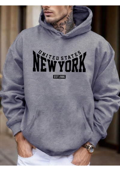 Startmore Startmoreamerika Birleşik Devletleri New York Est 1986 Baskılı Erkek Sonbahar Polar Kapşonlu Kazaklar Gri