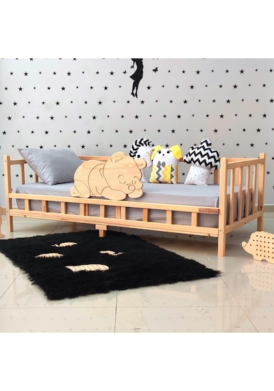 Markaawm Markaawm Ayıcıklı Montessori Yatak Ahşap Karyola Bebek Beşiği Akçaağaç