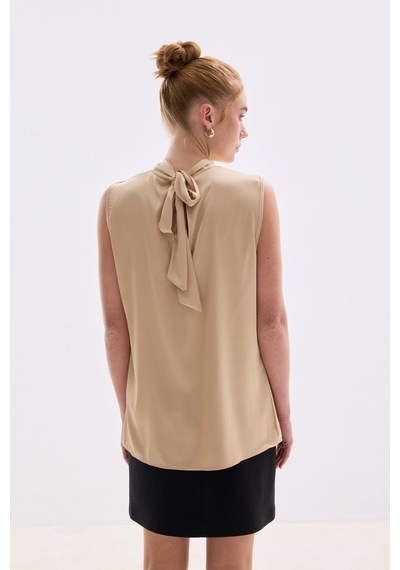 Sateen Yaka Detaylı Saten Bluz - Camel-136679 CAMEL