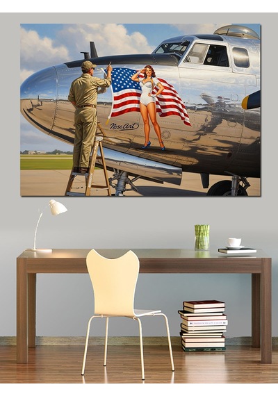 Amerikan Bayraklı Savaş Uçağı Dekoratif Kanvas - Mdf Ahşap Tablo