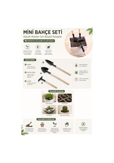 Metal 3 Parça Mini Bitki Bahçe Hobi Saksı Bakım Kazma Kürek Tırmık Set Cin702