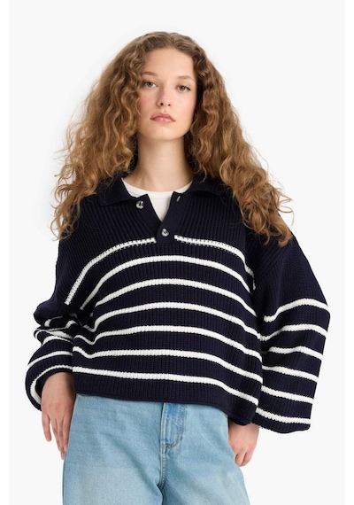 Defacto Coool Relax Fit Polo Yaka Düğmeli Çizgili Triko Kazak C4918ax25wnnv31 Lacivert