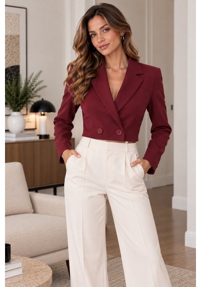 Lima Bordo Kadın Crop Blazer Ceket Kruvaze Yaka Çift Düğmeli Kısa Ceket