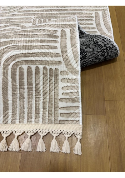 Kaymaz Taban Krem Bej Modern Desenli Yıkanabilir Saçaklı Salon Oturma Odası Mutfak Halı Yolluk