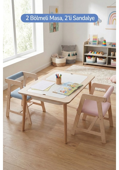Montessori Çocuk Ahşap Oyun Etkinlik Çalışma Masası, 2 Sandalye Seti Ahşap