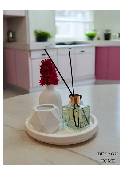 Dekoratif Mum Ve Vazo Seti - Vazo+oda Kokusu+tealight Mumluk Ve Mum+kibritlik+yuvarlak Tepsili Beyaz