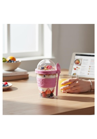 Titiz 600 Ml Kaşıklı Yoğurt Müsli Kabı Taşınabilir Kase - Pembe