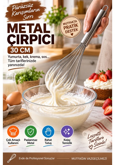 30 Cm Metal Çırpıcı Paslanmaz Çelik El Çırpıcısı Yumurta Kek Krema Sos Karıştırıcı Mutfak Gereci Tel Gümüş