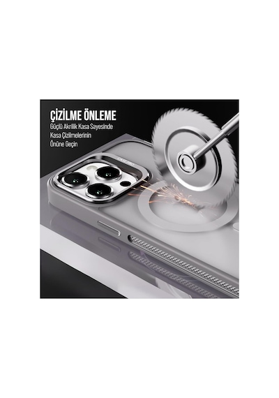 iPhone Uyumlu 14 Promax Kamera Korumalı Stantlı Magsafe Destekli Lens Koruyucu Telefon Kılıf Gri
