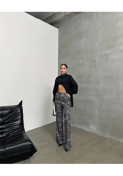 Premium Leopar Desenli Palazzo Pantolon Yüksek Bel, Oversize Siyah