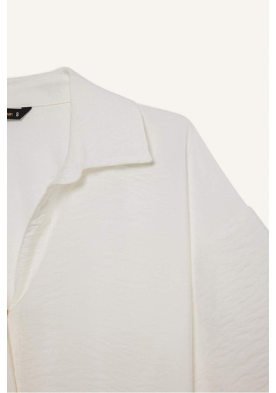 Defacto Cropped Fit Gömlek Yaka Keten Görünümlü Kısa Kollu Bluz C7799ax25spwt32 Beyaz