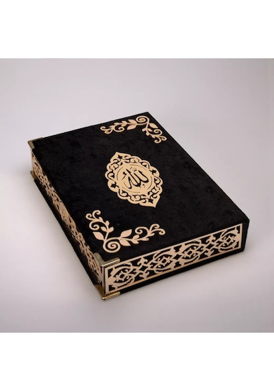 Şal + Tesbih + Kuran Hediye Seti Orta Boy, Şemslafzatullah, Gold Pleksi, Raşel Kutu, Siyah