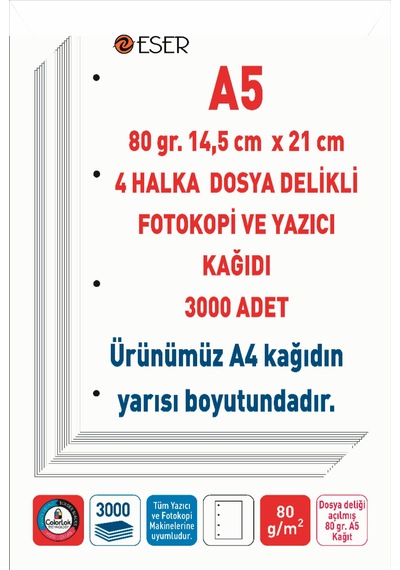 Eser 4 Delikli Navigator Marka A5 Fotokopi Yazıcı Kağıdı 80 Gr. 3000 Adet A5