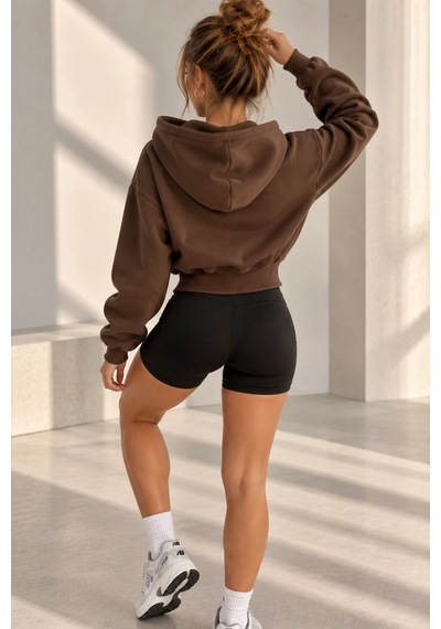 Bb Butik Basic Kapüşonlu Fermuarlı Kısa Kadın Sweatshirt Günlük Basic Model My3535 Kahverengi