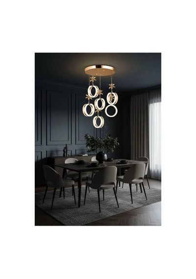 LumiaLighting Aurea Model 6'lı Gold 3 Renk Modu Ledli Kristal Taşlı Modern Salon Mutfak Oturma Odası Led Avize Altın