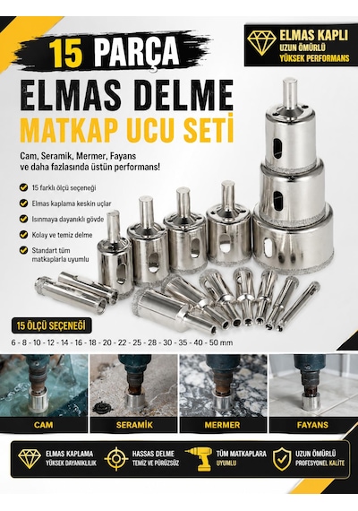 Rekotools-elmas Kaplı Cam Fayans Delme Matkap Ucu Seti 15 Parça Boru Tipi Panç Seti Sulu Delim