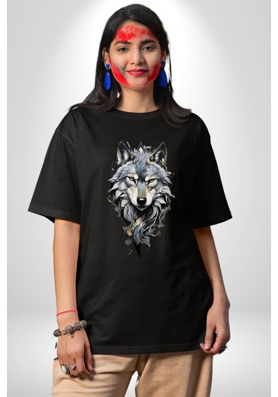 Beyaz Kurt Pamuklu Bisiklet Yaka Unisex Oversize Boyfriend Dijital Baskılı Siyah T-shirt Siyah