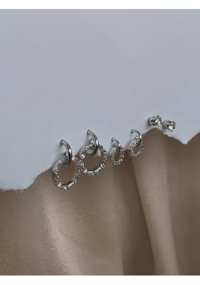6'lı Halka Model Zirkon Taşlı Silver Renk Küpe Seti Gümüş