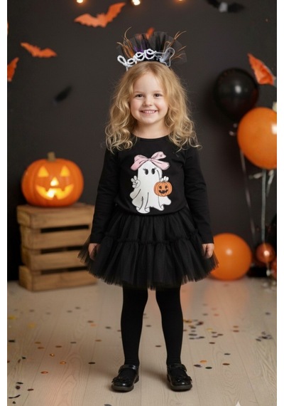 Le Mabelle Siyah Sevimli Hayalet Baskılı Uzun Kollu Halloween Kız Çocuk Tişört Siyah