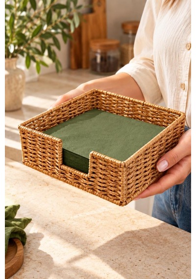 Atbyhome Hasır Rattan Kare Peçetelik 18x18x6.5 Cm - Masa Üstü Kolay Çekme Oyuklu Peçete Sunum Sepeti Kahverengi