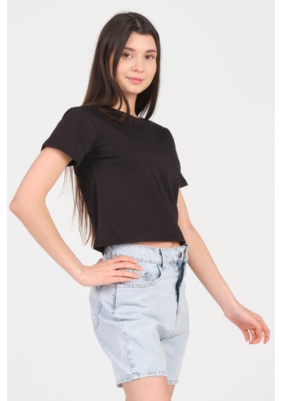 As Collection Siyah Bisiklet Yaka Kısa Kol Örme Kadın Crop 001