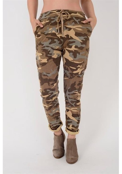 Eren Style Italyan Beli Bağlamalı Kamuflaj Desenli Dar Paça Pantolon-9078 Camel
