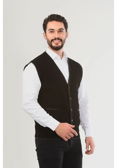 Kamalı Siyah Erkek V Yaka Triko Düğmeli Cepli Çizgi Desenli Regular Fit Tüylenmeyen Örgü Yelek Siyah