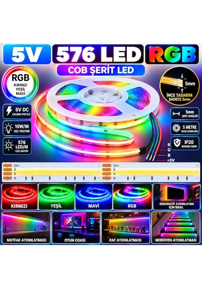 5 Metre 5v 576 Led 5mm Rgb Cob Şerit Led