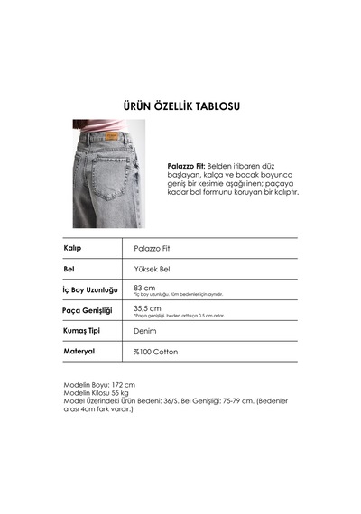 Itsbasic Kadın Gri Renk Hera 4s6-12 Palazzo Fit Bol Kesim %100 Koton Orta Bel Denim Jean