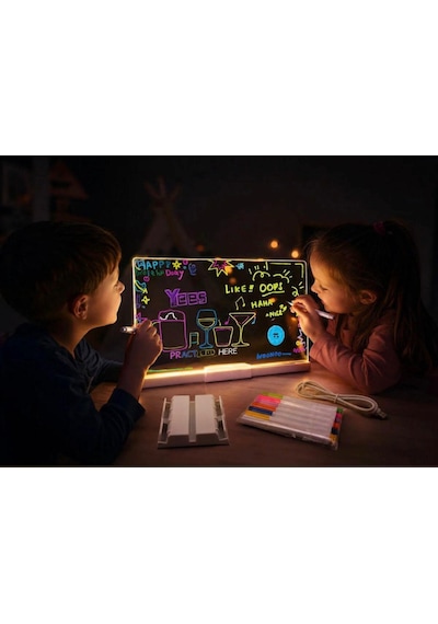 Nvg 12 İnç Led Işıklı Çizim Tahtası 20x30 Cm Usb Beslemeli Yazı Panosu Ayarlanabilir Stant 7 Renk Kalem Hediyeli Eğitici Oyuncak Şeffaf