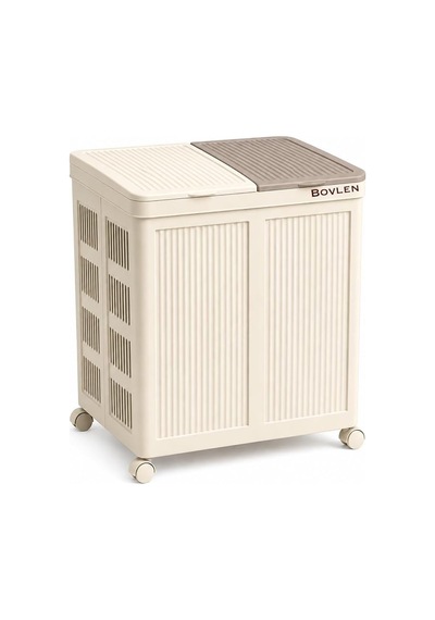 Mega Boy Havalandırmalı Çamaşır Sepeti - 100 Litre Oyuncak Kutusu - Tekerlekli - Çift Bölmeli 2x50 Lt - 49.5x36x61 Cm - Pp+ Tpr Bej