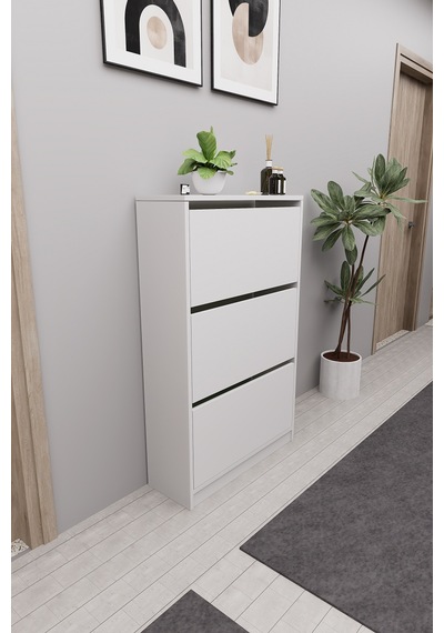 Mirobi Kembe 3 Bölmeli Açılır Modern Dekoratif Ayakkabılık Beyaz Beyaz