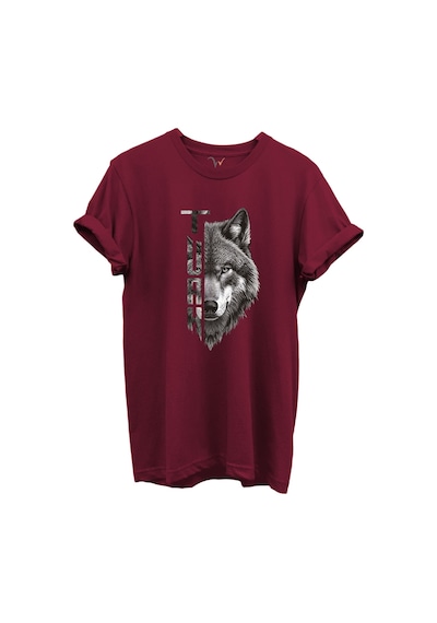 Yarı Kurt Yarısı Türk Yazı Tasarım Baskılı %100 Pamuk T-shirt Bordo