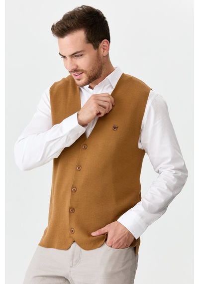 Desen Triko Erkek İnce Triko Düz Yelek Camel Camel